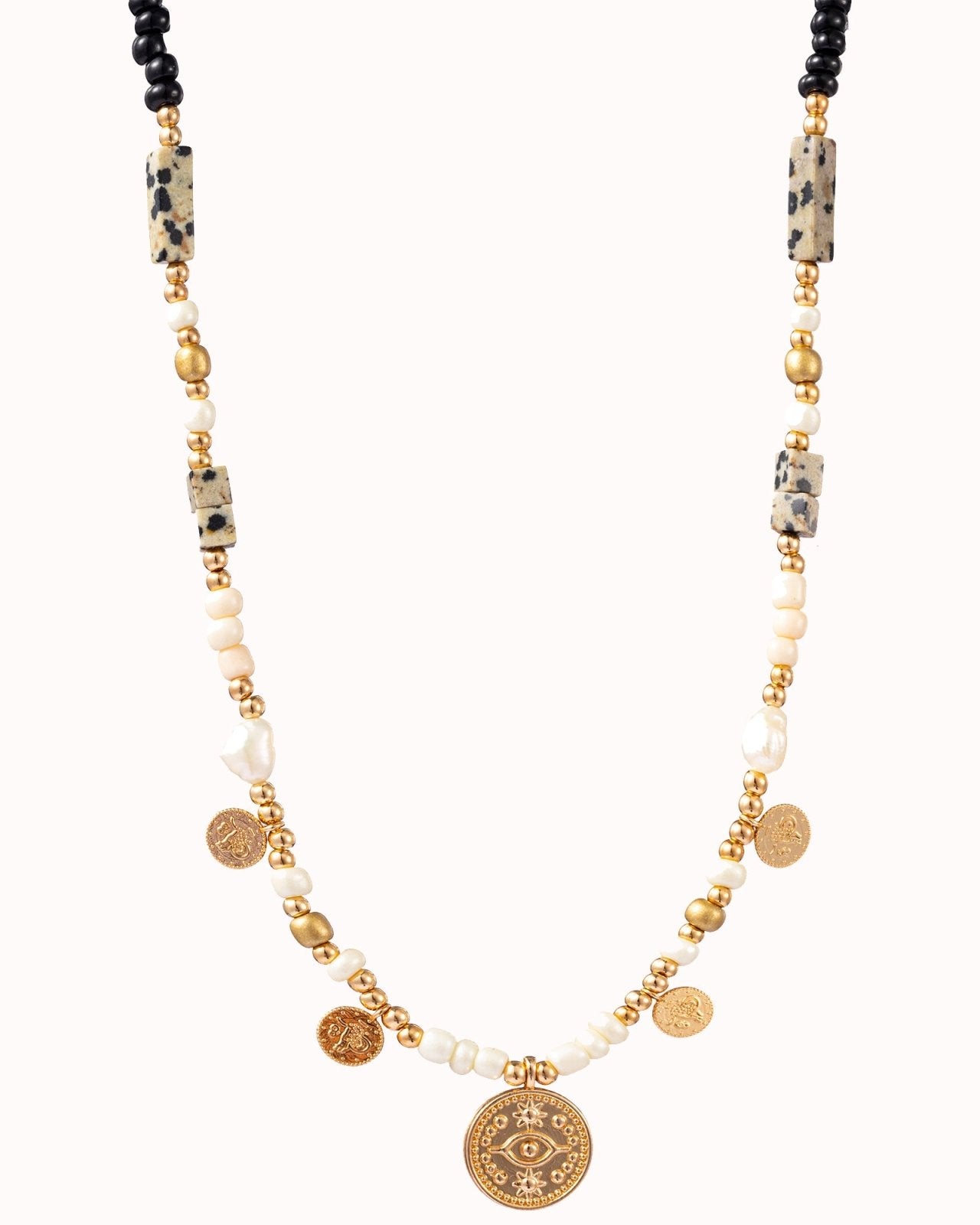 Zwart/creme ketting met muntjes - Nouka
