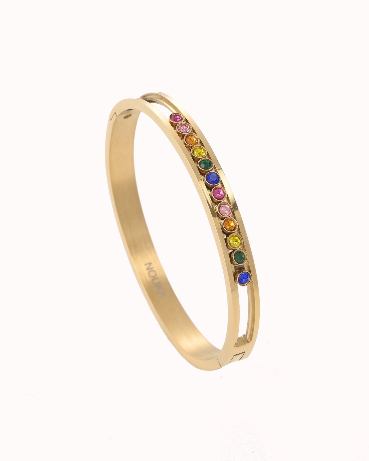 Goudkleurige bangle met bewegende multicolor steentjes - Nouka