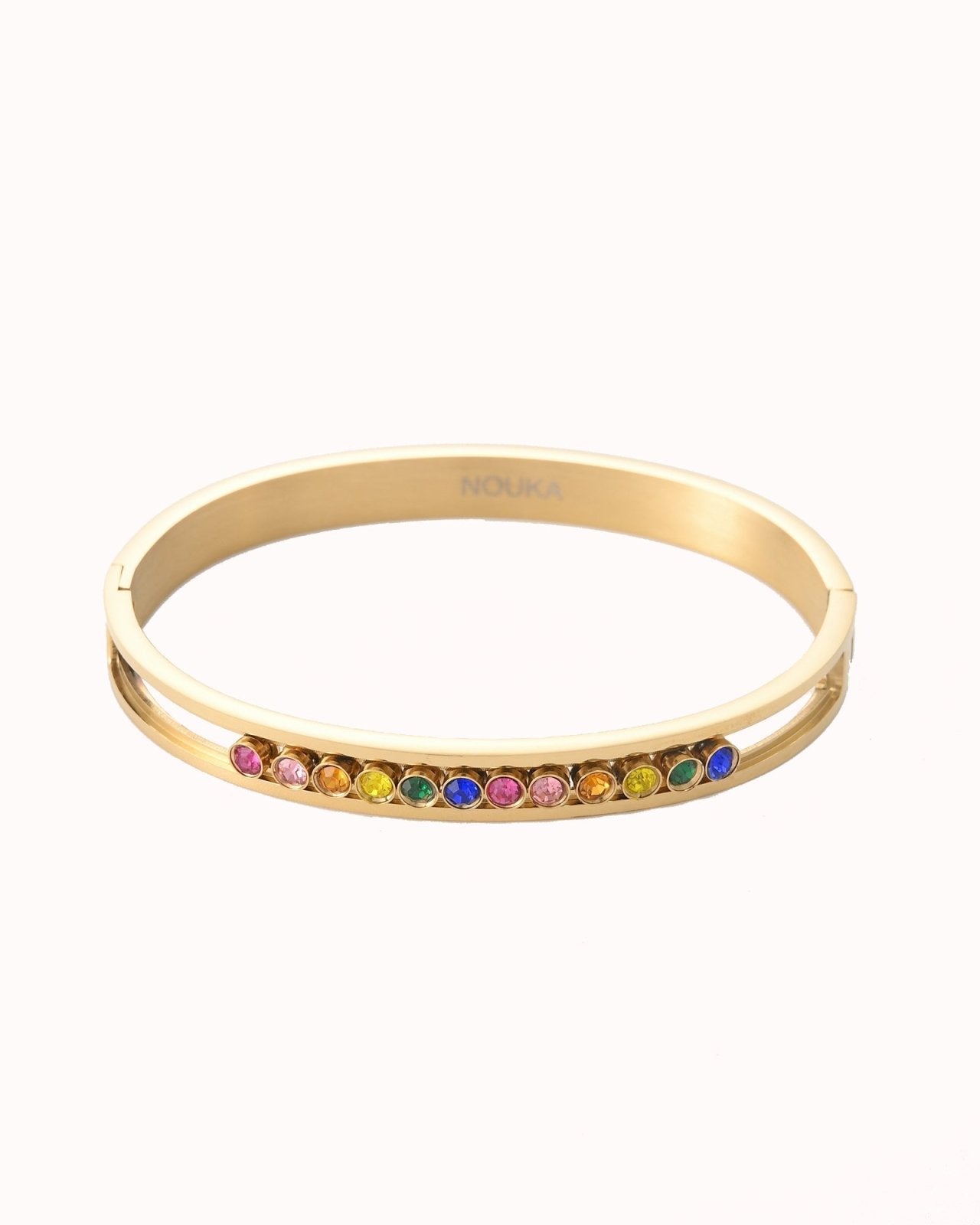 Goudkleurige bangle met bewegende multicolor steentjes - Nouka