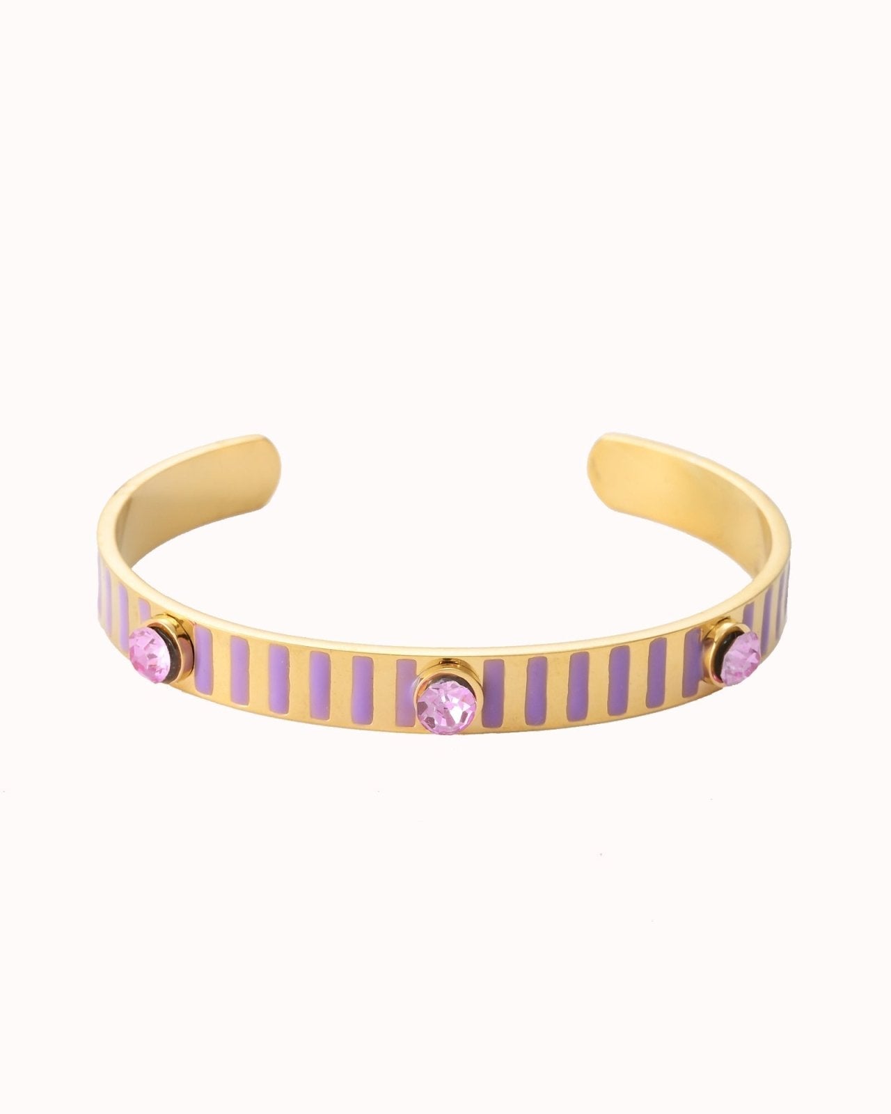 Goudkleurige cuff armband met lila strepen en stenen - Nouka