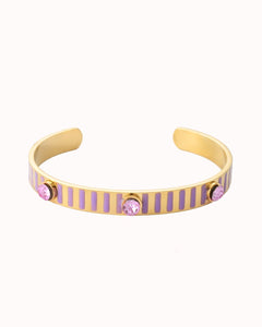 Goudkleurige cuff armband met lila strepen en stenen - Nouka