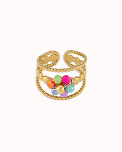 Goudkleurige ring met multicolor kralen bloemetje - Nouka