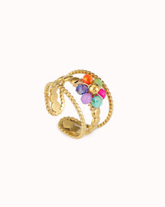 Goudkleurige ring met multicolor kralen bloemetje - Nouka