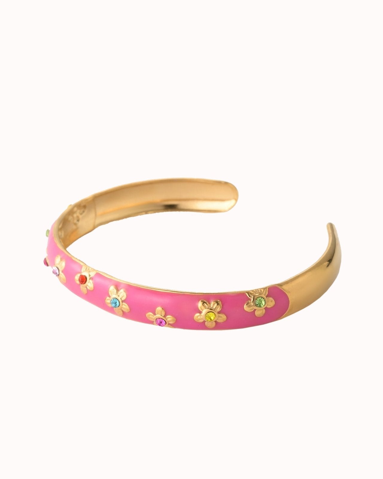 Roze cuff armband met goudkleurige bloemen en multicolor steentjes - Nouka