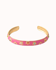 Roze cuff armband met goudkleurige bloemen en multicolor steentjes - Nouka