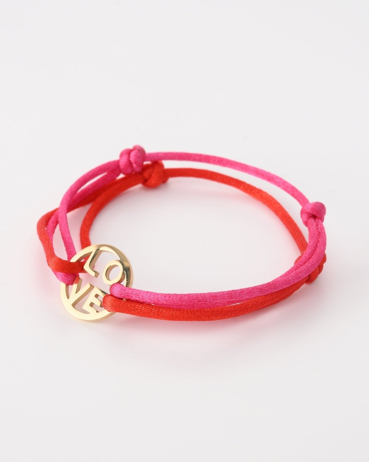 Roze en rode touwtjes armband met goudkleurige ''LOVE'' tekst - Nouka