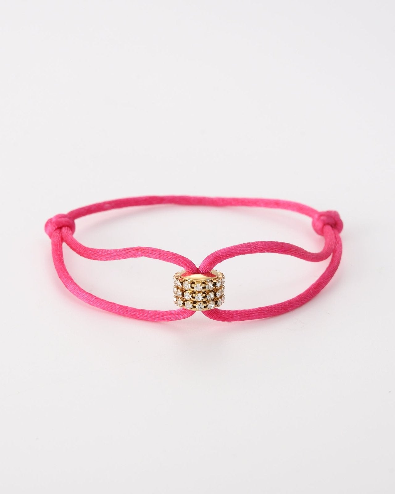 Roze touwtjes armband met goudkleurig stras schijfje - Nouka