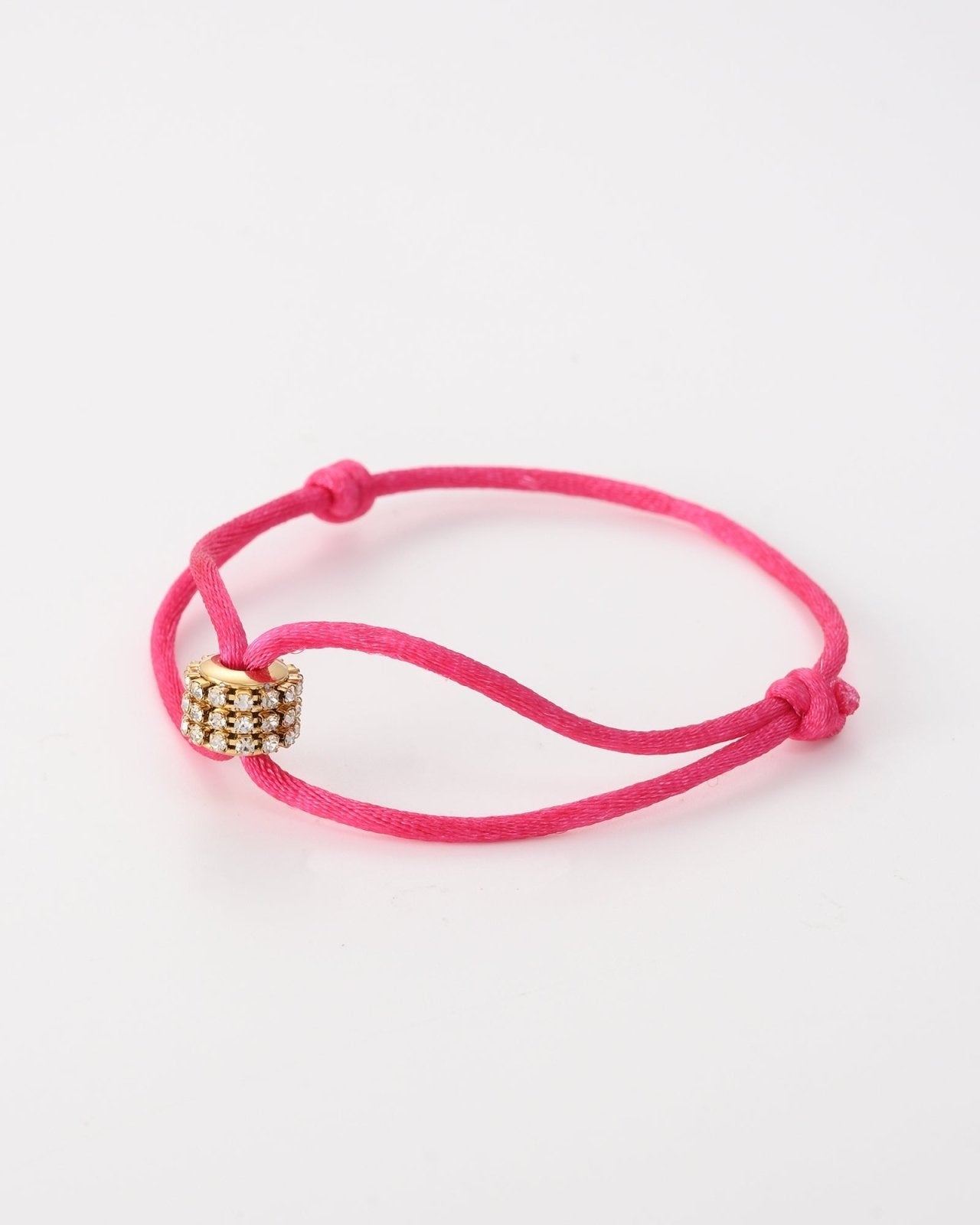 Roze touwtjes armband met goudkleurig stras schijfje - Nouka