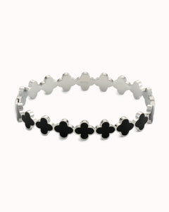 Zilverkleurige bangle met zwarte klavertjes - Nouka