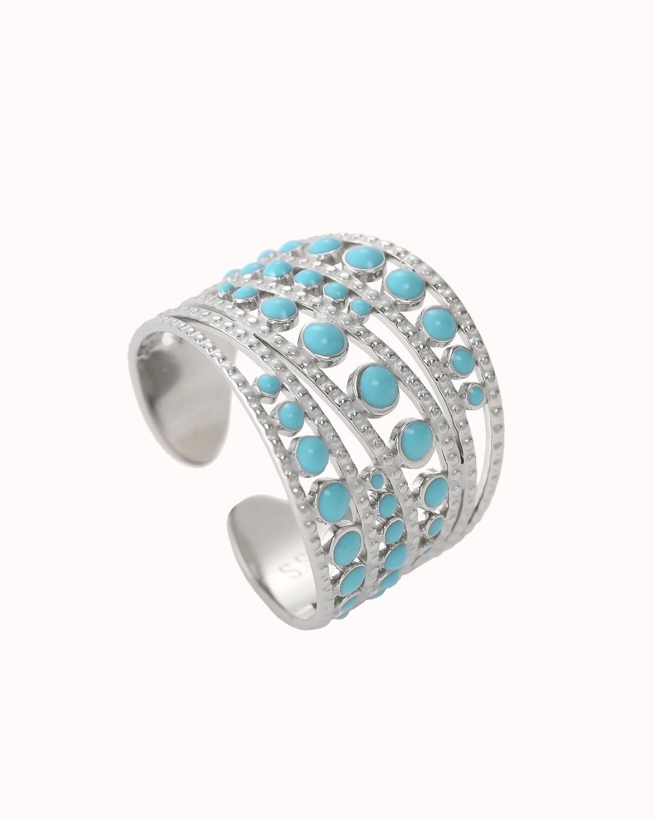 Zilverkleurige verstelbare ring met turquoise details - Nouka