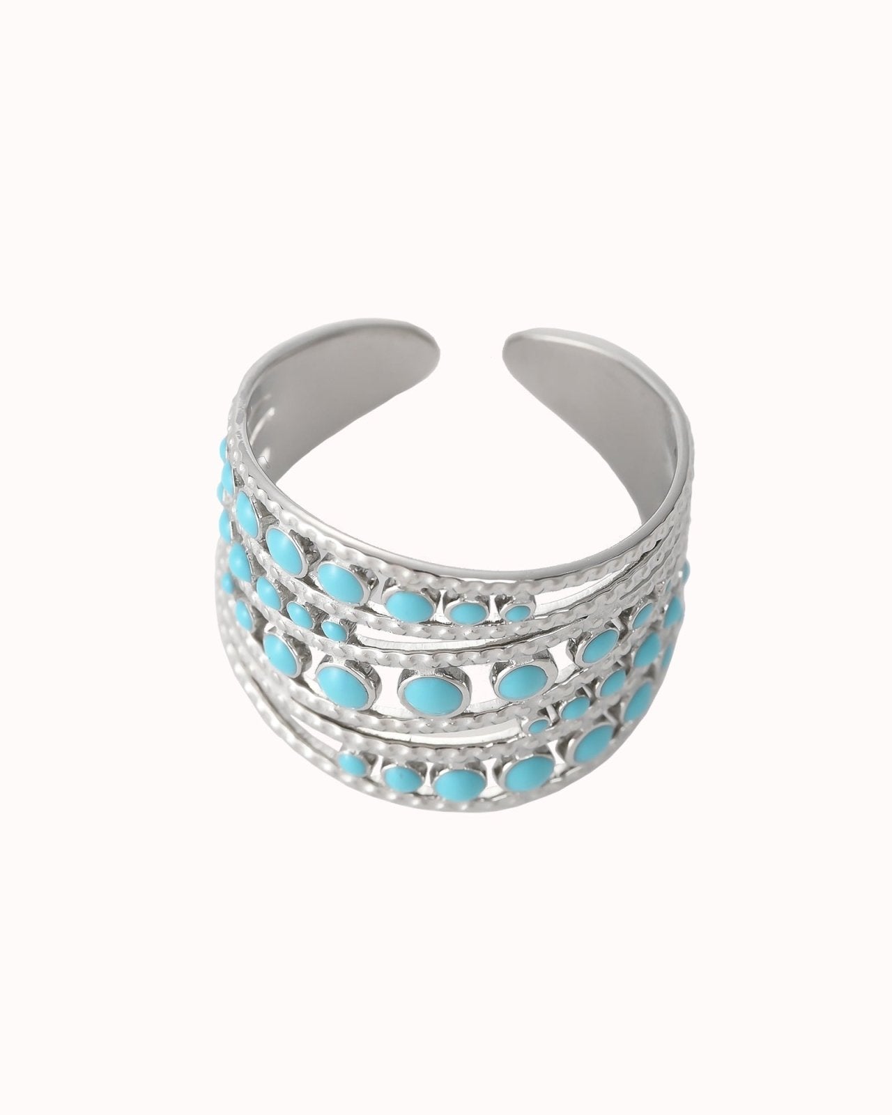 Zilverkleurige verstelbare ring met turquoise details - Nouka